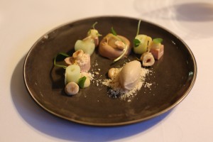 Foie gras  ( chaud – froid )  Gingembre | yuzu | noisette 2° service