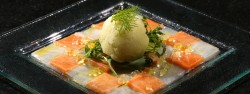 carpaccio de saumon et cabillaud, perle de yuzu et sorbet fenouil