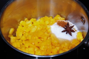 Mettre les cubes de mangue, le vinaigre, le sucre , la badiane, dans une casserole